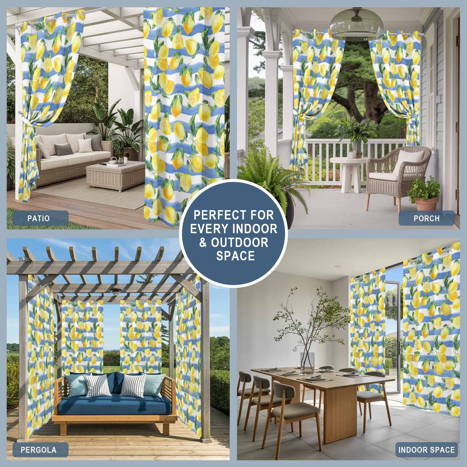 Summer Fruits Outdoor Curtains for Patio, Watercolor Yellow Lemon Blue Stripes Farmhouse Sunshade Privacy Drapes Grommet Waterproof Outside Curtains for Porch/Cabana/Balcony 54"x 108", 1 Panel
