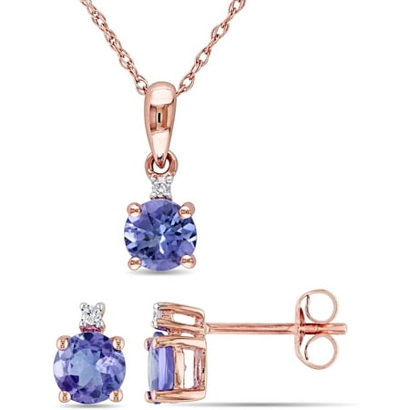 Tangelo 1-5/8 Carat T.G.W. Tanzanite and Diamond-Accent 10kt Rose Gold Two-Stone Pendant and Stud Earrings Set, 17