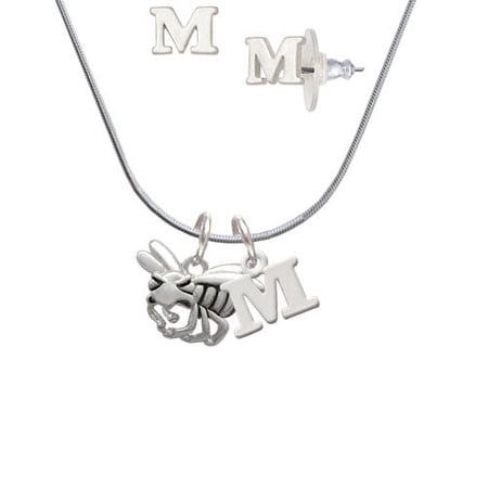 Large Yellow Jacket – Mascot – M Initial Charm Necklace and Stud Earrings Jewelry Set