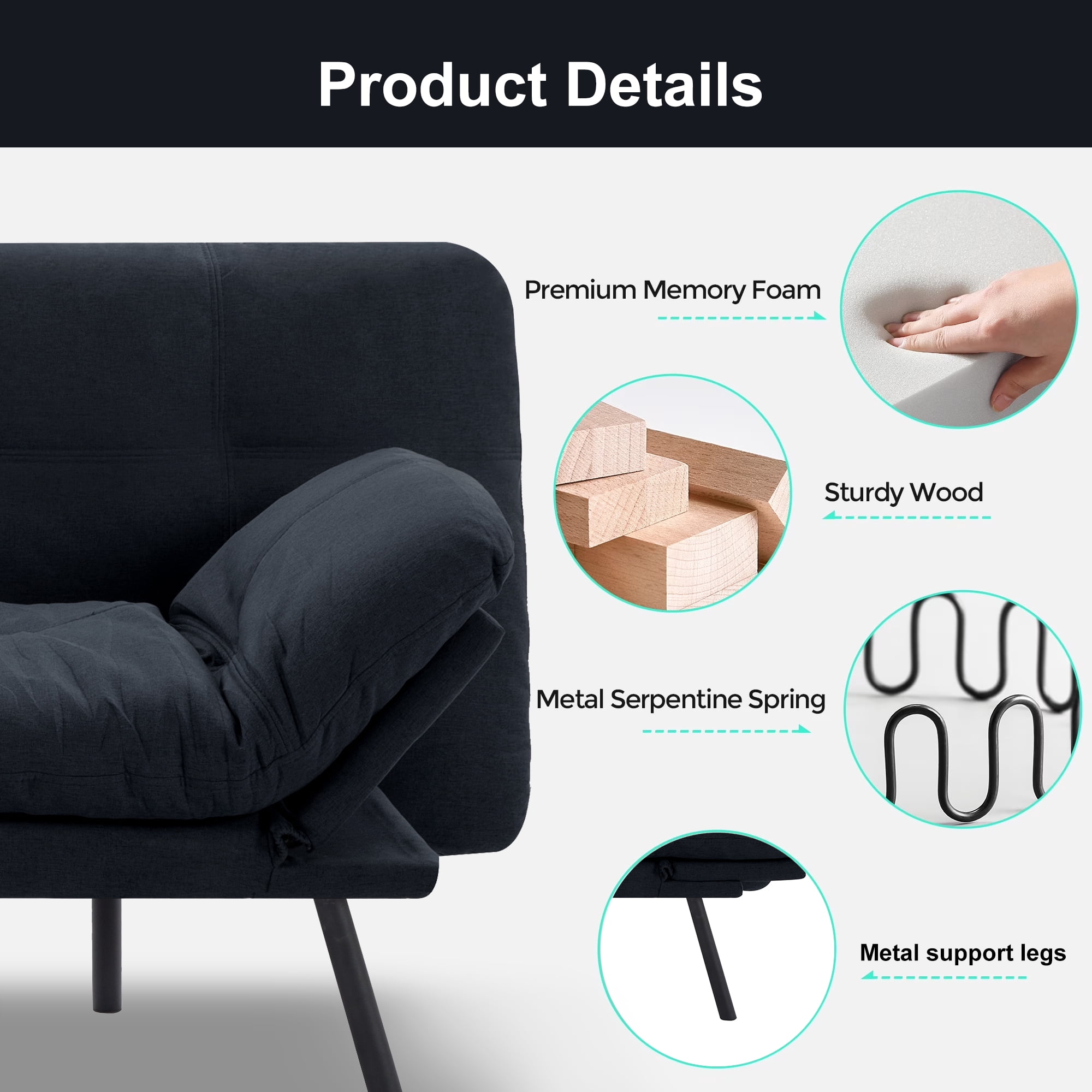 BSHTI 70.87" Convertible Futon Sofa Bed, Linen Fabric 2-Seater Sleeper Couch with 5-Level Adjustable Backrest & Armrests for Living Room, Office, Guest Room, Small Spaces