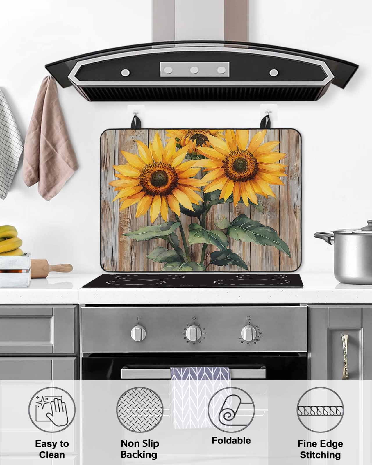 nqOlkjepod Large Induction Cooktop Protector Mat 24"x21", Summer Sunflower Stove Top Covers for Electric Stove, Vintage Wood Floral Botanical Rustic Stove Burner Cover Mats, Glass Top Stove Cover