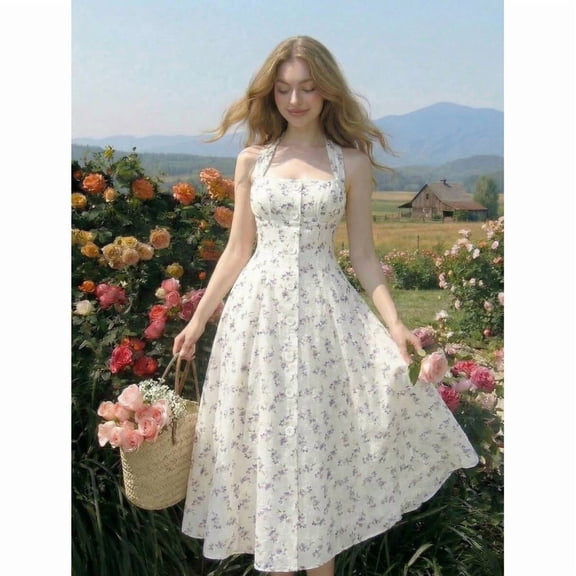 Women's Sleeveless Halter Dress — Summer Floral A-Line Style with Cinched Waist (Slimming Fit)