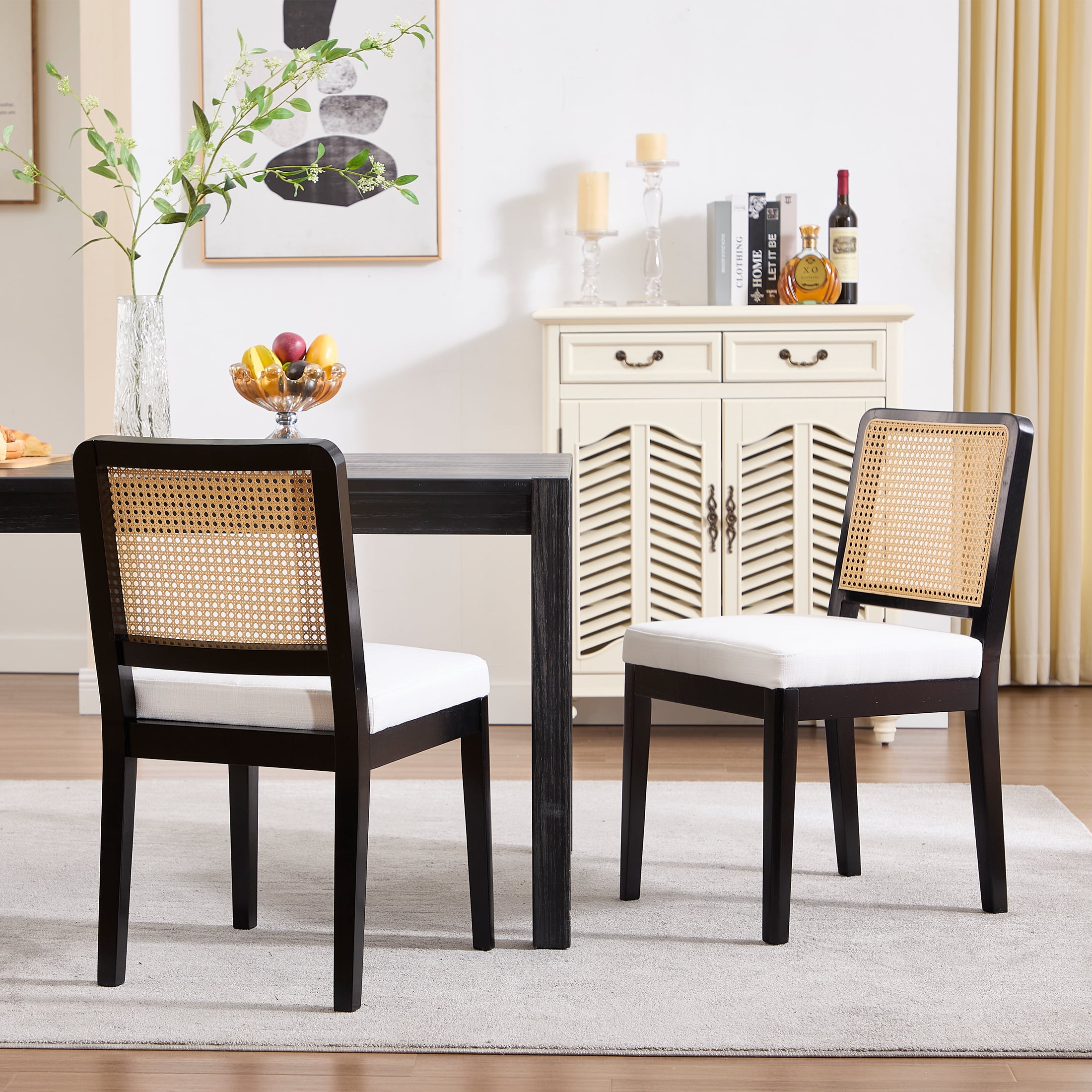 Guyou Farmhouse Rattan Dining Chairs Set of 6, Modern Wooden Kitchen Chairs with Cane Back, Linen Upholstered Dining Room Chairs, Boho Wicker Woven Dining Side Chairs for Dining Room, Beige