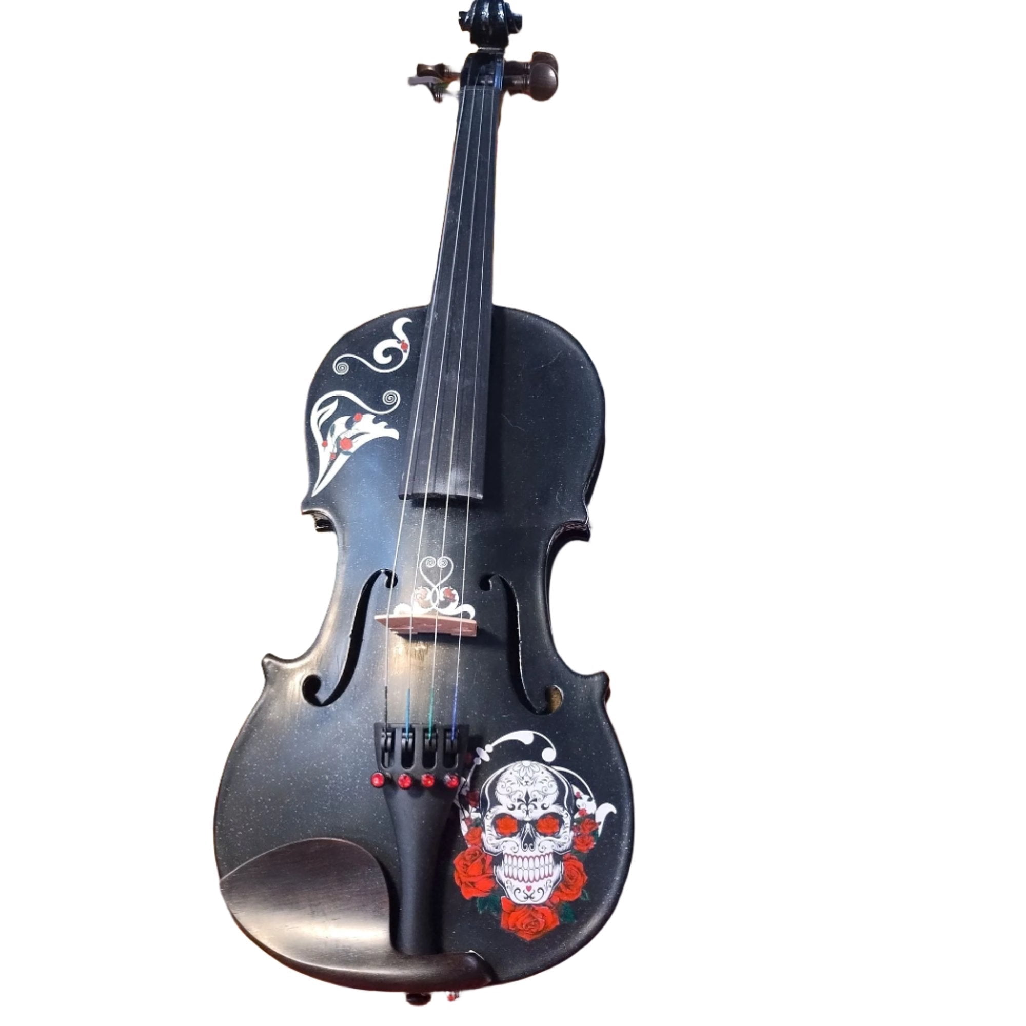 Cinco de Mayo Black Glitter Violin w Carbon Fiber Bow Case Crystal Fine Tuners Rosin Strings Set Up