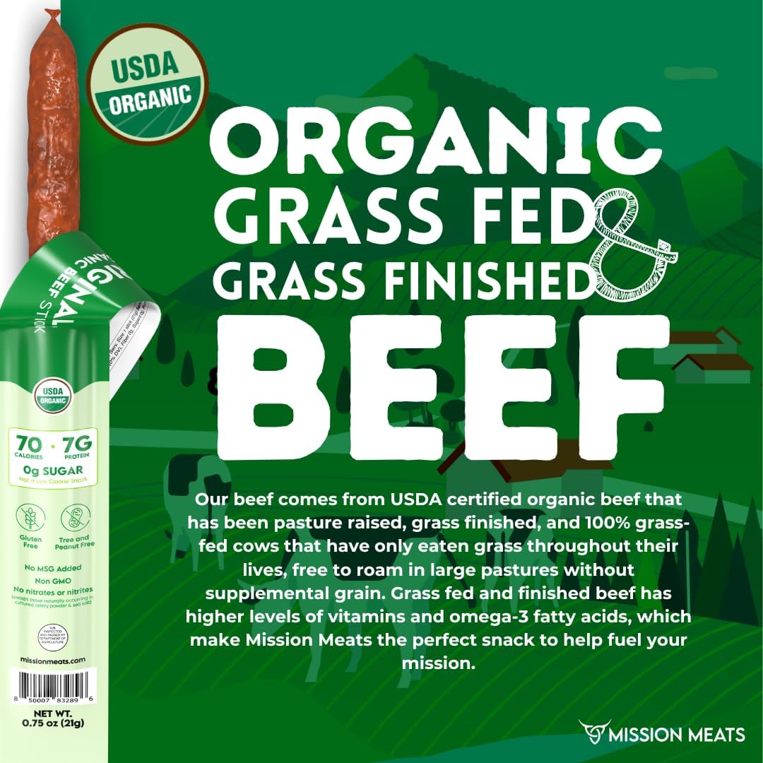 Mission Meats 100% Certified Organic Beef Sticks – Pasture-Raised, Zero Sugar, Non-GMO, Healthy Individually Wrapped Meat Sticks Snack, 0.75oz (24 Count)