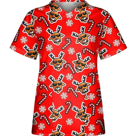 

PEONAVET Womens Nursing Scrub Tops Christmas Snowflake Printed Working Uniform Short Sleeve V-Neck Workwear Blouse T-shirt with Pockets Gifts for Women
