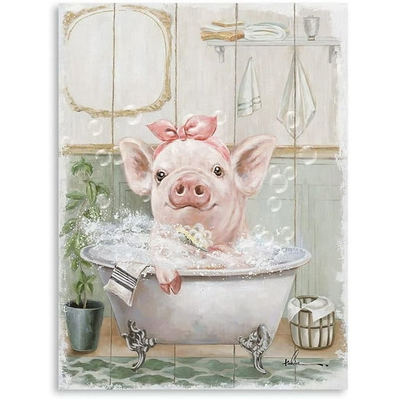 WFSposter Pink Pig Bathroom Wall Art:Cute Animal Framed for Bedroom,Living room,Kitchen and Bathroom(12"x16"x1 Panel)