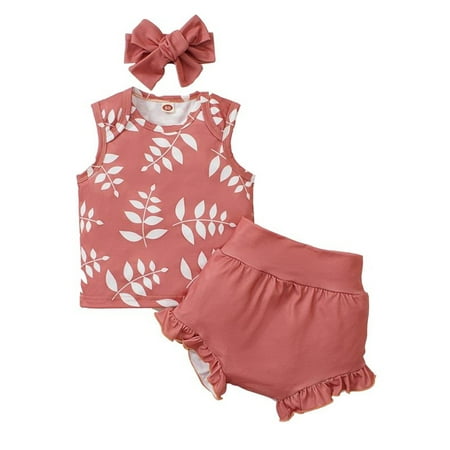 

Sunisery 3Pcs Infant Baby Girls Shorts Set Sleeveless Leaves Print Tank Tops Elastic Waist Shorts with Hairband Rust Red 6-12 Months