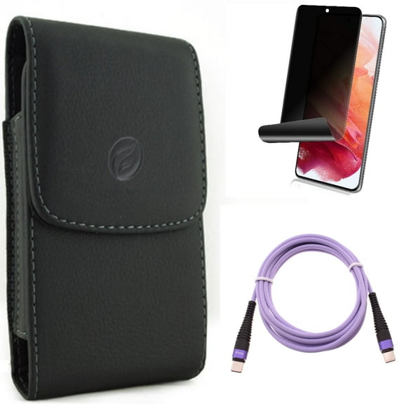Case Belt Clip w Purple 10ft PD Cable w Privacy Screen Protector for Samsung Galaxy S21 Plus - Leather Holster, Type-C to USB-C Fast Charger Cord, TPU Film Fingerprint Works Accessory Bundle
