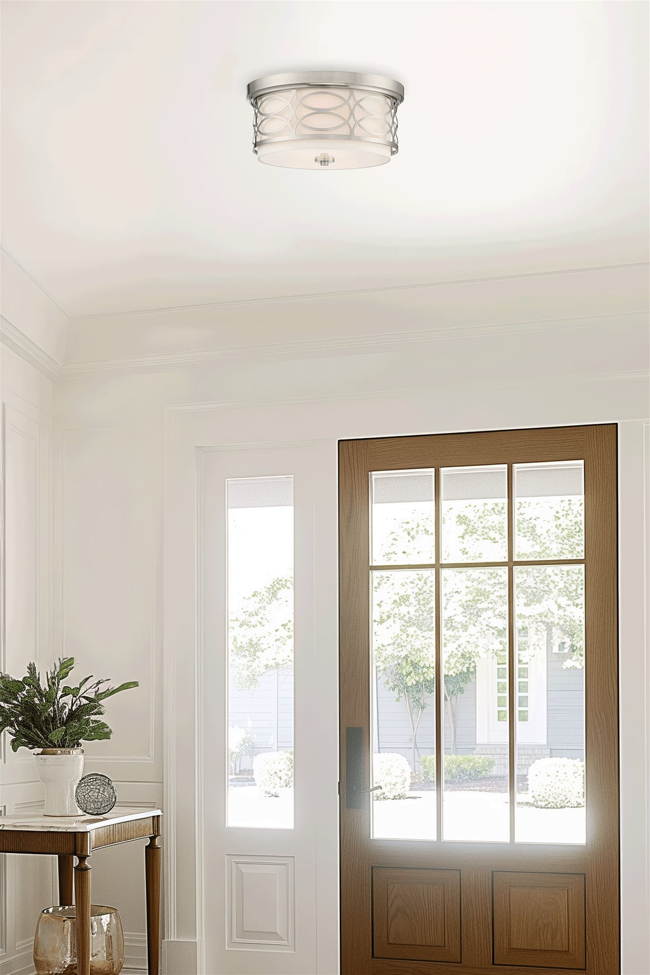 Kira Home Sienna 13" Lattice Drum Flush Mount, Silver Ceiling Light, White Linen Shade, Glass Diffuser, Brushed Nickel