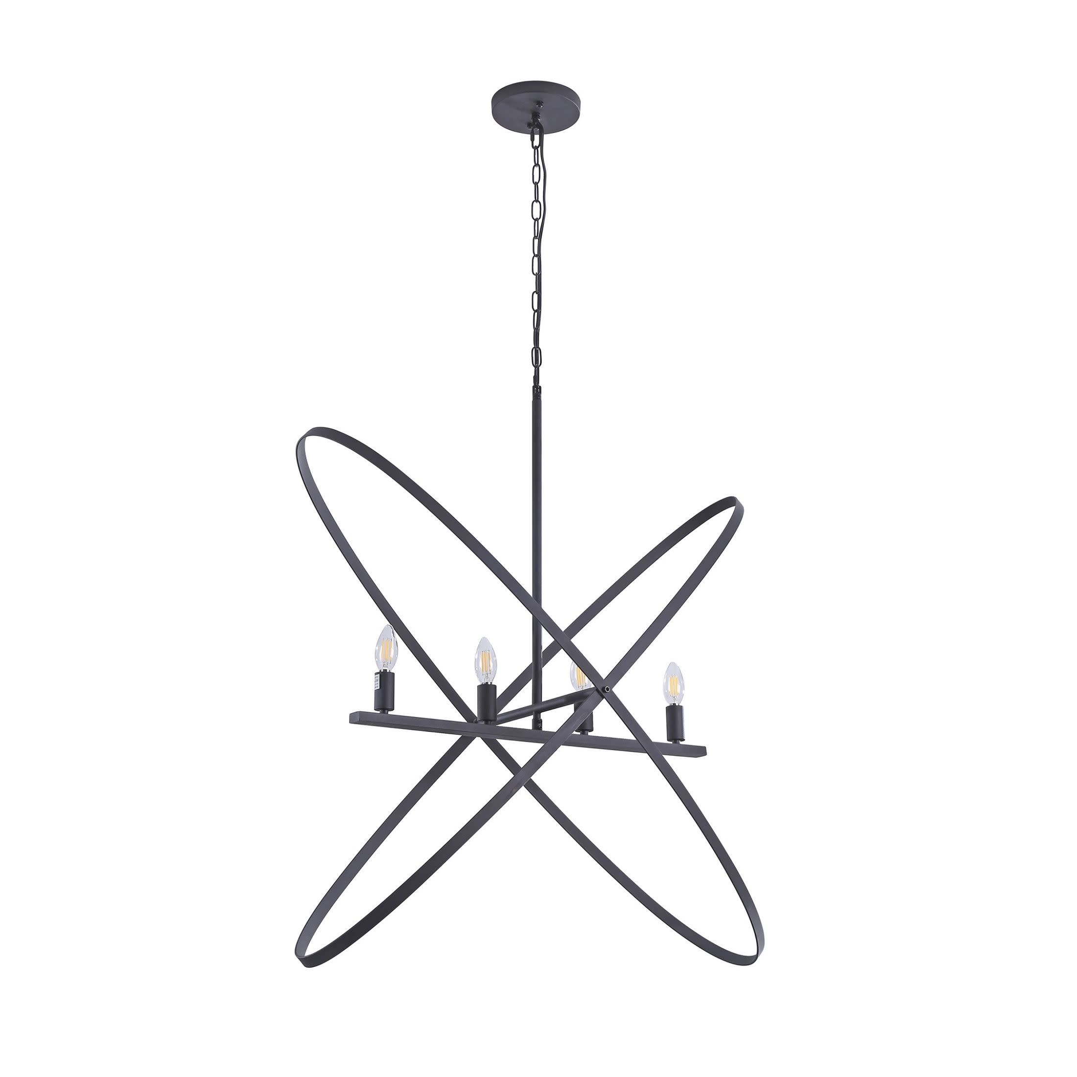 Noble House 29" Atom Pendant Light, E12 4-Light Orb with Brass Metal Bands, Modern LED Hanging Fixture, Matte Black