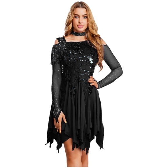 Haitryli Latin Dance Dress for Women Sequin Tassel Cocktail Dresses Cha Cha Tango Ballroom Dress with Choker Black XL