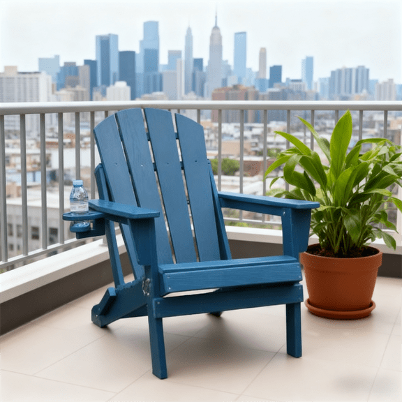 Navy Blue Folding Adirondack Chair - Composite Wood Texture with Dual Cup Holders, Outdoor Patio Lawn Chair