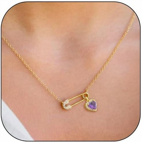 Safety Pin Necklace Birthstone for Women Gold Rhinestones Necklaces for Women Crystal Heart Pendant Dainty Necklace for June July Birthday Gifts for Her