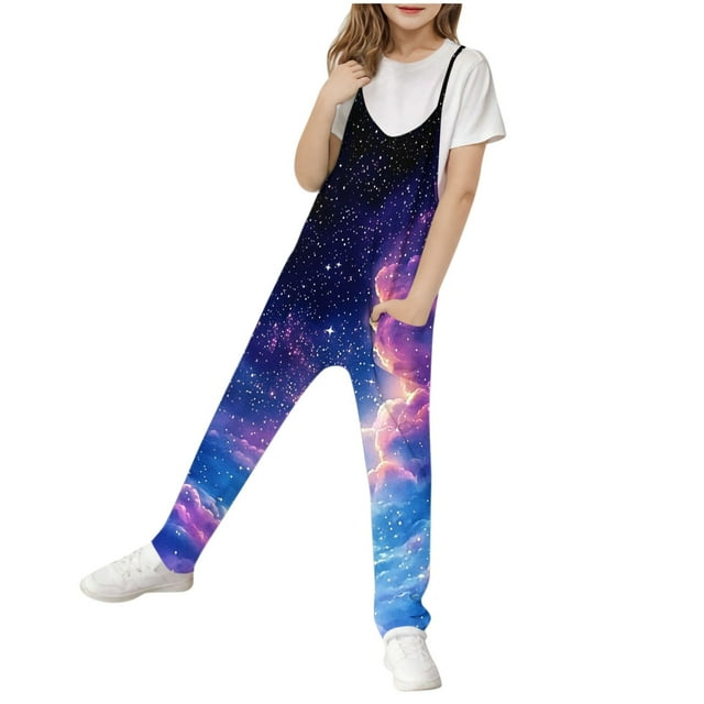 Odeerbi 5-14 Años Niñas de Verano Traje Estrelado Cielo Camisola Romper Primavera Casual Transpirable Cómodo Trajes Correa Bib Pantalones En General Traje de Juego