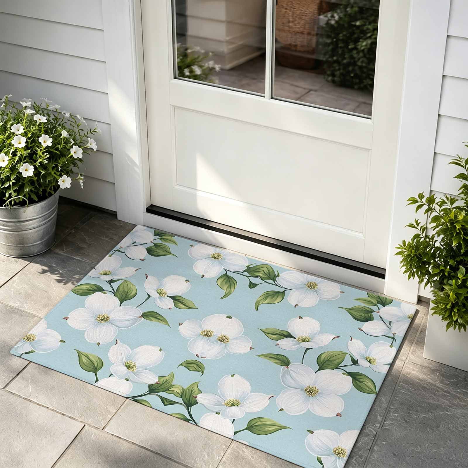 Front Door Mat Indoor Outdoor Entrance Blooms White Floral Low Profile Doormats Non-Slip Backing Spring Floral Garden Absorbent Welcome Mat for Entryway Hallway 16 x24