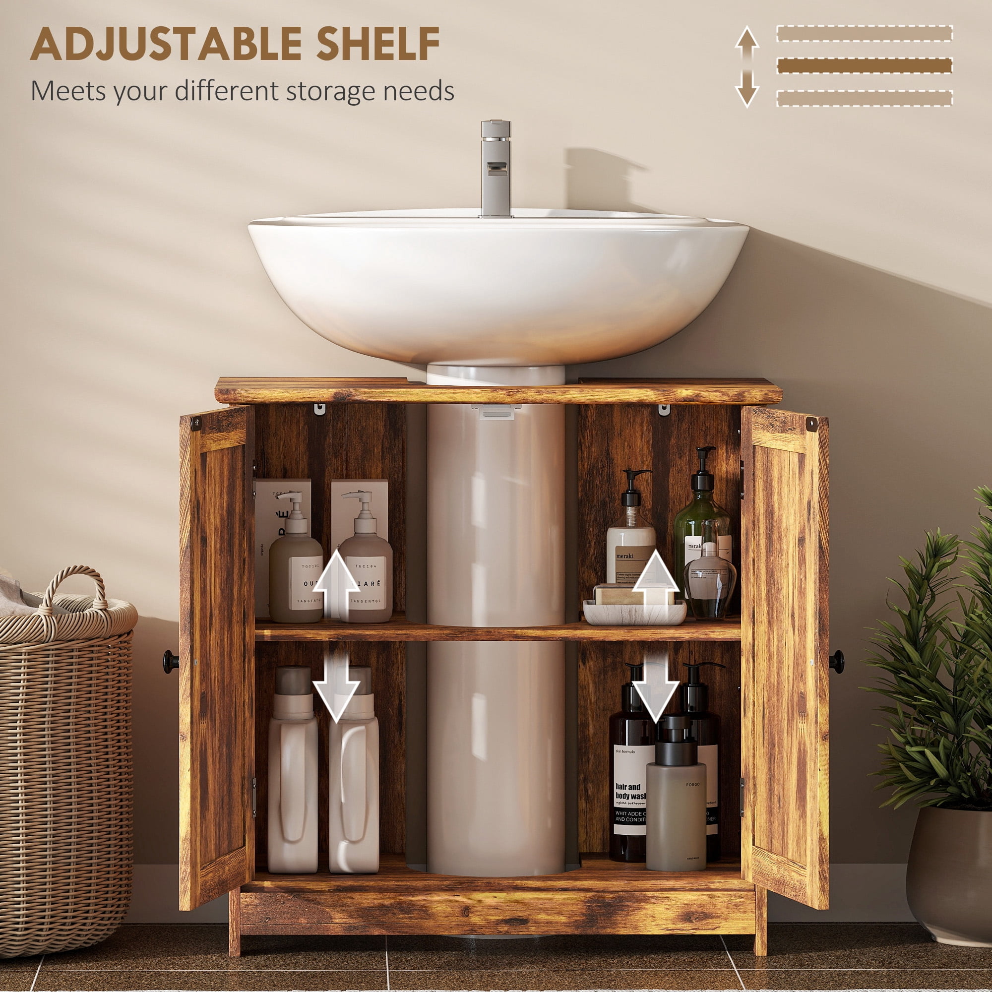 Bathroom Cabinet, Rustic Brown MDF Under Sink Vanity with Adjustable Shelf, 23.5 in L x 11.75 in W x 23.5 in H