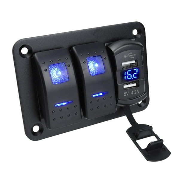 Panel de interruptores basculantes de 4,2 A con cargador USB doble, voltímetro de aluminio de alta resistencia para vehículos 3 pandillas