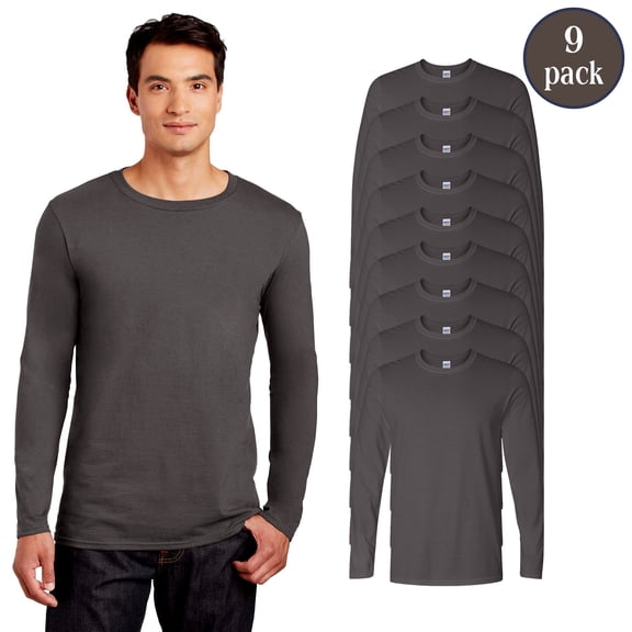 Gildan Men’s Softstyle Long Sleeve T-Shirt, Side Seams Modern Classic Fit Tee, Charcoal, 9-Pack, S