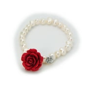 Luscious Red Ceramic Rose Cultured Freshwater Pearl Stretch Bracelet in Sterling Silver