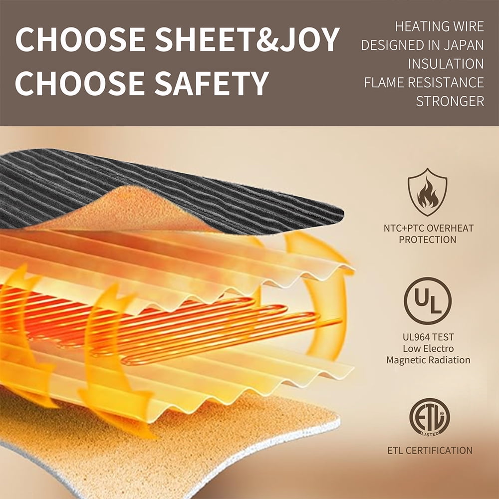 Sheet&Joy Heated Blanket Electric Grey Throw - 50"x60" Heating Blanket 8 Hours Auto-Off 8 Heat Level Over-Heat Protection Ribbed Flannel Sherpa Electric ETL Certification