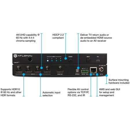 Atlona - JunoX™ 4 x 1 HDMI Switcher with 4K and HDR Pass-Through - Black