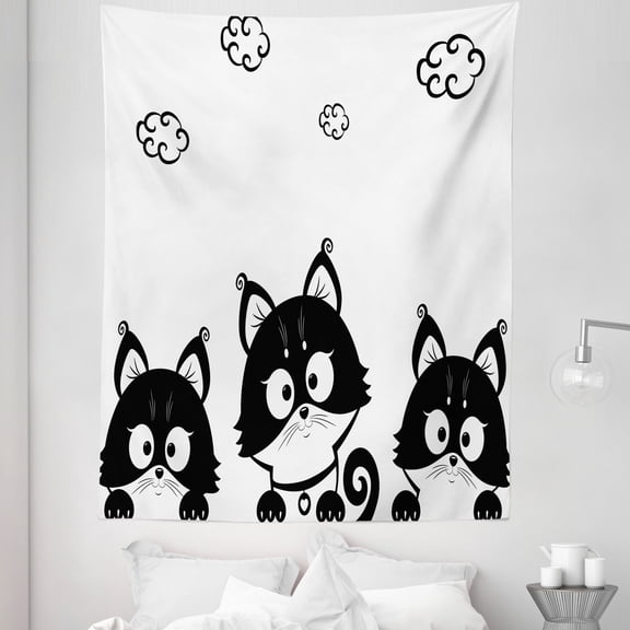 Black White Tapestry, 3 Kittens with Clouds over Their Heads Small Thoughts Art, Fabric Wall Hanging Decor for Bedroom Living Room Dorm, 5 Sizes, Black and White, by Ambesonne