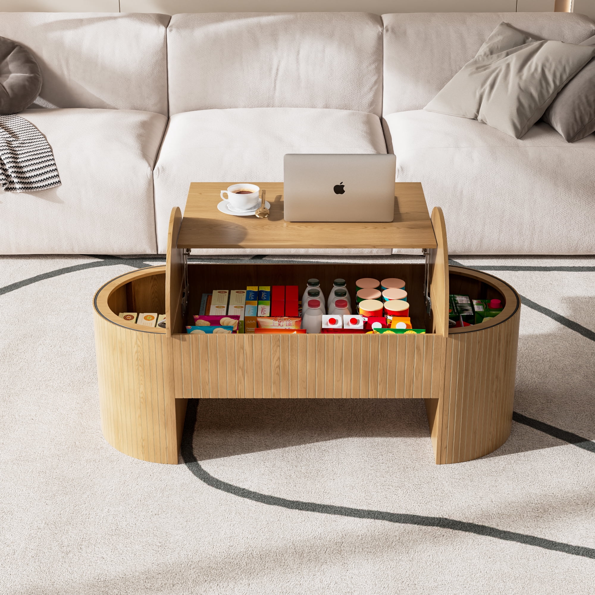 Oubayajia Fluted Coffee Table with Lifting Top and Hidden Storage, Mid Century Modern Coffee Table for Living Room, Office, Natural
