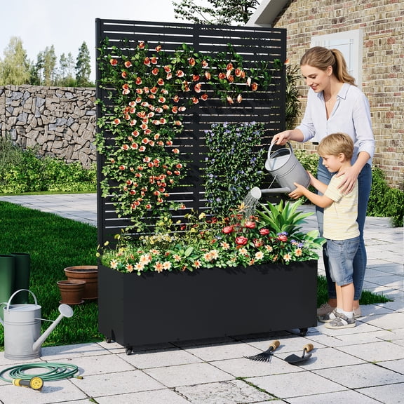 Garvee 47"x16"x71" Metal Planter Box with Trellis & Wheels, Raised Garden Bed for Climbing Plants, Vegetables & Vines, 15.7" Deep Privacy Planter with Drainage Holes for Patio