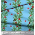 thumbnail image 2 of Soimoi Blue Cotton Cambric Fabric Cherry & Pine Leaves Printed Fabric 1 Yard 56 Inch Wide, 2 of 3