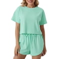 thumbnail image 2 of PNTUTB Women's Casual Comfort Solid Color Crew Neck Short Sleeve Elastic Waist Drawstring Shorts Two Piece Pajama Set, 2 of 6
