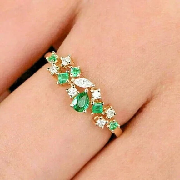 Women's 2.00Ct Lab Created Green Emerald Cluster Band Wedding Ring 14K Yellow Gold Plated