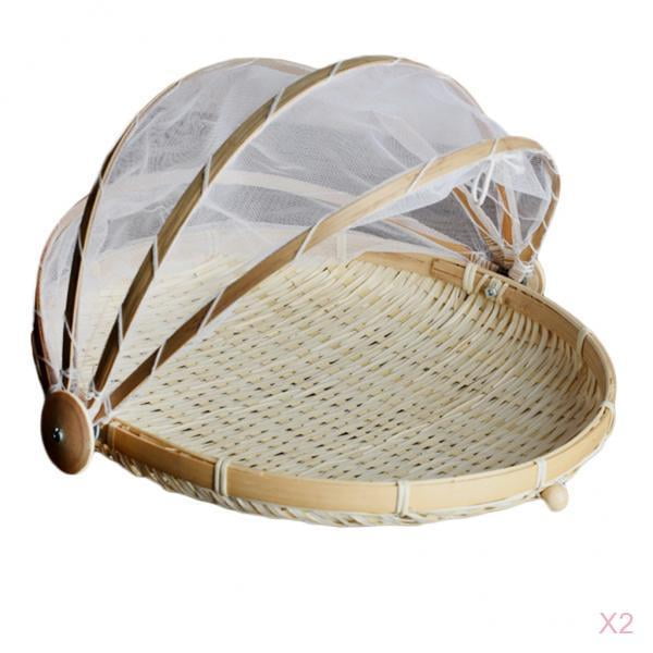 2 fundas de bambú y malla para alimentos, reutilizables, para servir comida al aire libre, barbacoas Round_L