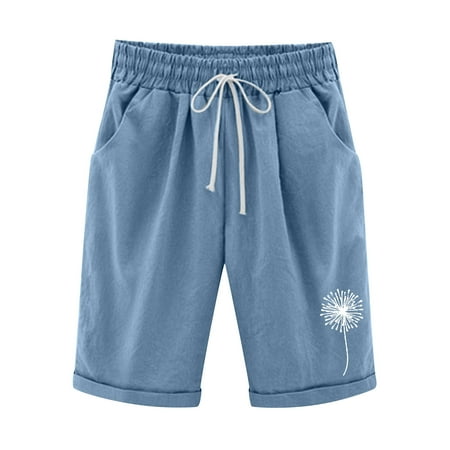 WNVMWI Womens Shorts Boxer Shorts for Women Denim Shorts High Waisted Women Summer Dandelion Print High Waisted Cotton Pants Shorts Lacing Beach Workout Pocket Five Point Pants Casual Shorts Blue 3XL