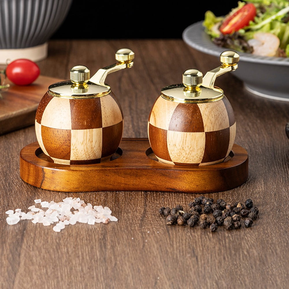 Chessboard Hand Cranked Pepper Grinder Kitchen Solid Wood Seasoning Jar Two Sets+Base