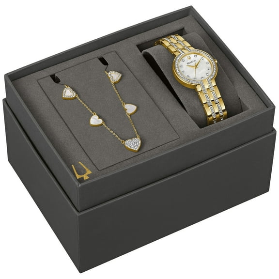 Bulova Women's Gold-Tone Crystal Watch Box Set with Matching Pendant 98X138