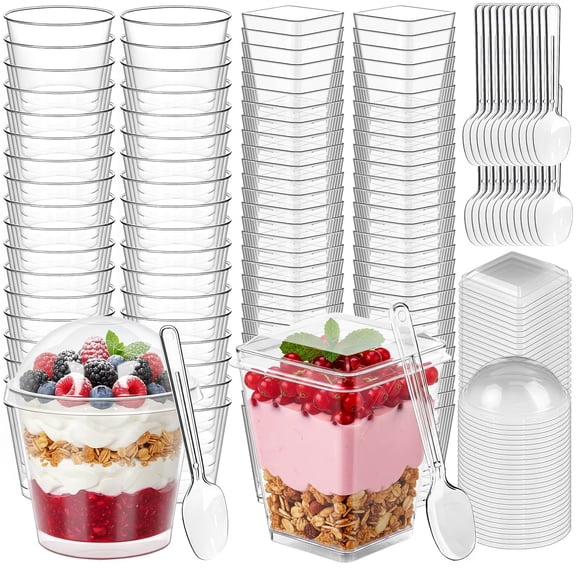 300 Pcs Dessert Cups with Spoons and Lids, 5 Oz and 7 Oz Clear Plastic Parfait and Shooter Cups for Parties. Reusable for Fruit, Mousse, Cakes, Pudding Cups, Appetizers, Frozen Desserts, Yogurt, etc
