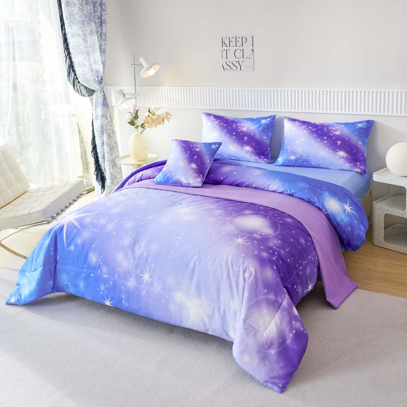 URBONUR Colorful Rainbow Galaxy Girls Comforter Set, 4Pcs Blue Gradient Glitter Bedding Set for Kids/Girls/Teens, Sparkle Galaxy Bed Comforter Set for All Season