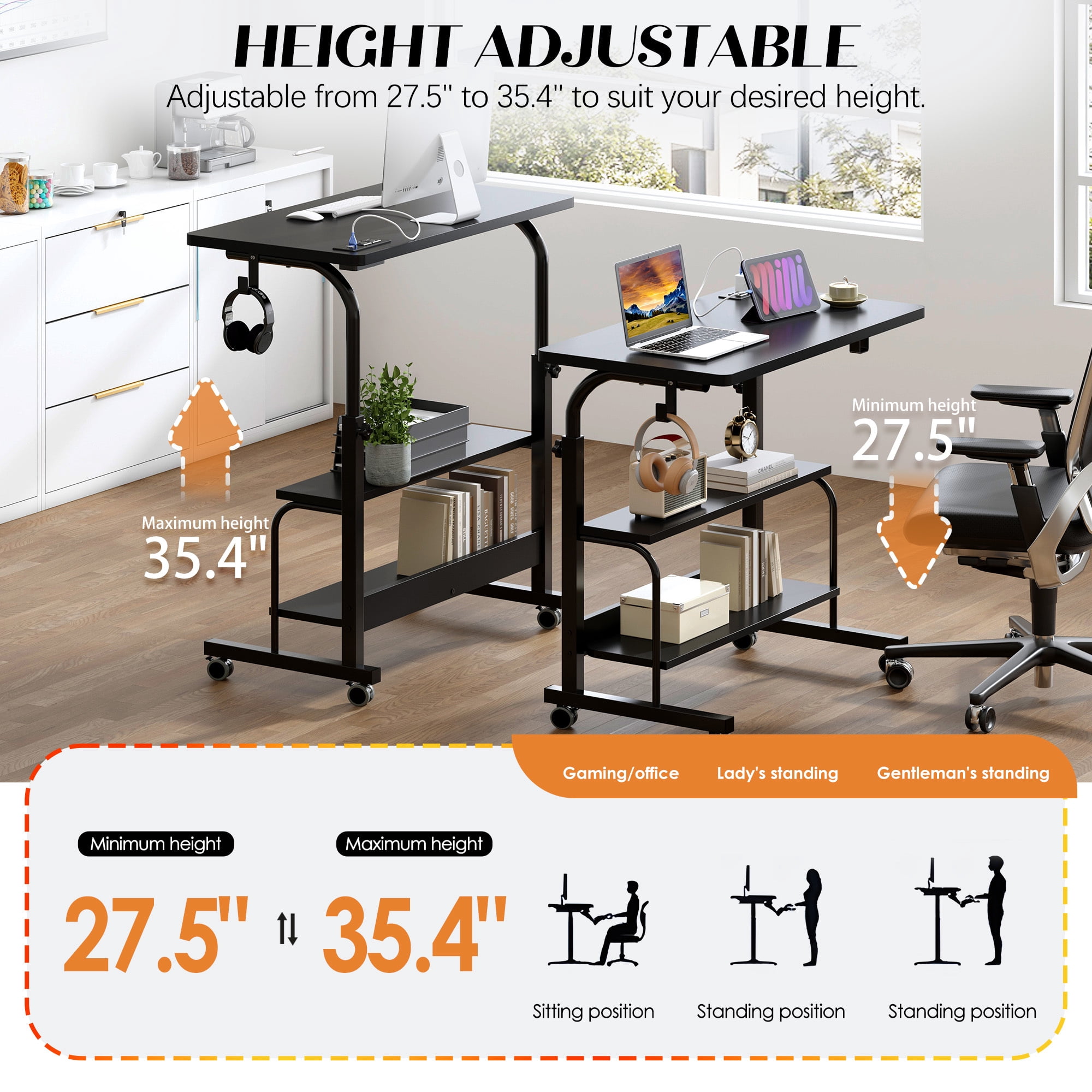 Soges 31.5" Height Adjustable Computer Desk with Charging Station, Adjustable Side Table Movable Laptop Desk with 2 Storage Shelves, Adjustable Desk on Wheels for Home Office, Sofa, Bed, Black