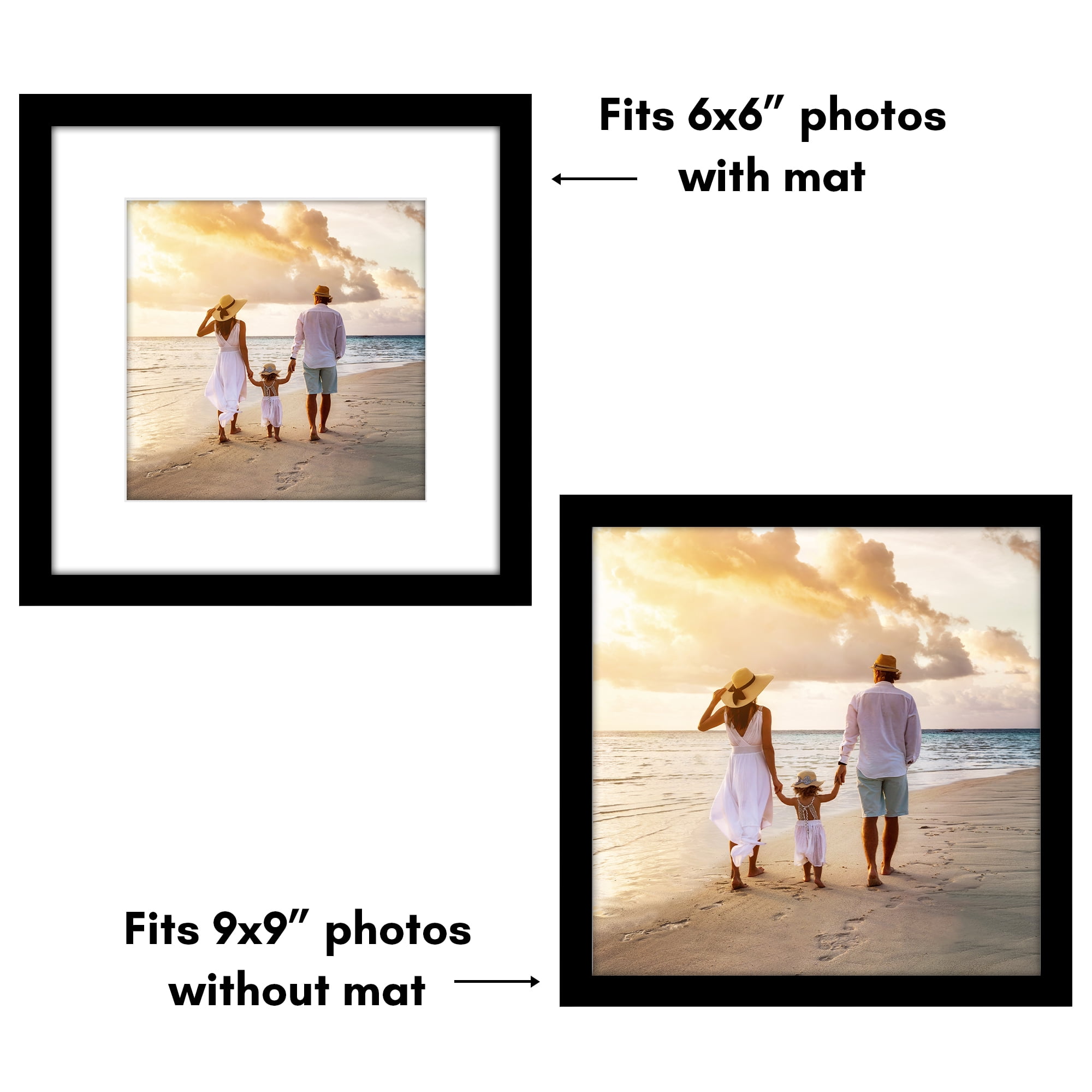 Americanflat 9x9 Picture Frame with Polished Plexiglass with 6x6 Mat 5 Pack Display Photo Galleria - Black