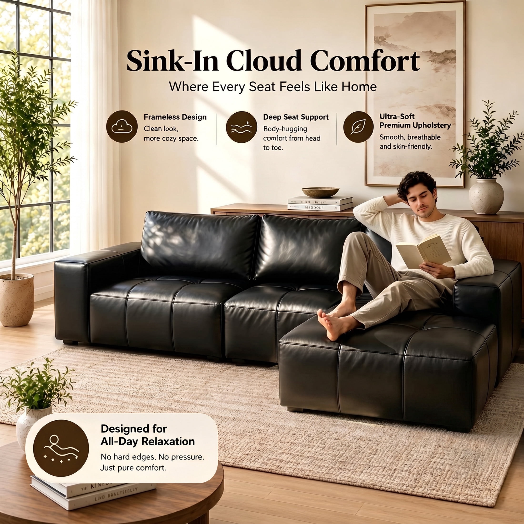 Aenkyo 114" Faux Leather L-Shaped Sectional Sofa with Right Hand Chaise, Boneless Modular Couch, Black