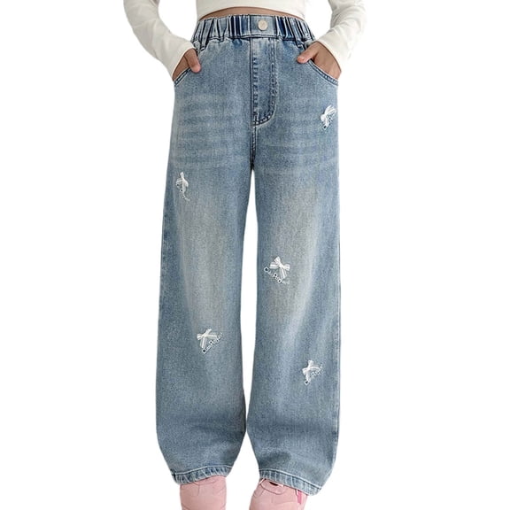 Tiijoy Girls Bow Straight Leg Denim Pants Casual Pull On Jeans Long Trousers, Sizes 6-16