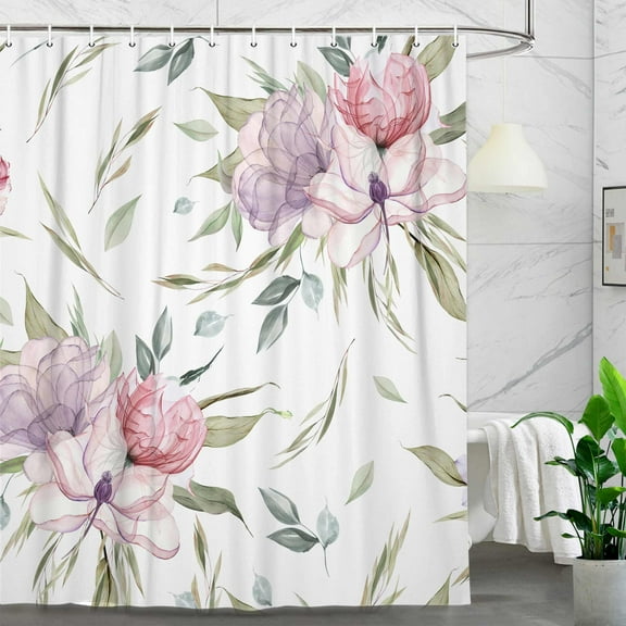 Pink and Grey Floral Shower Curtain, Boho Watercolor Ink Painting Style Flower Leaf Bathroom Decor Curtains, Farmhouse Rustic Artistic Watercolor Shower Curtain Set with Hooks, 72X72in