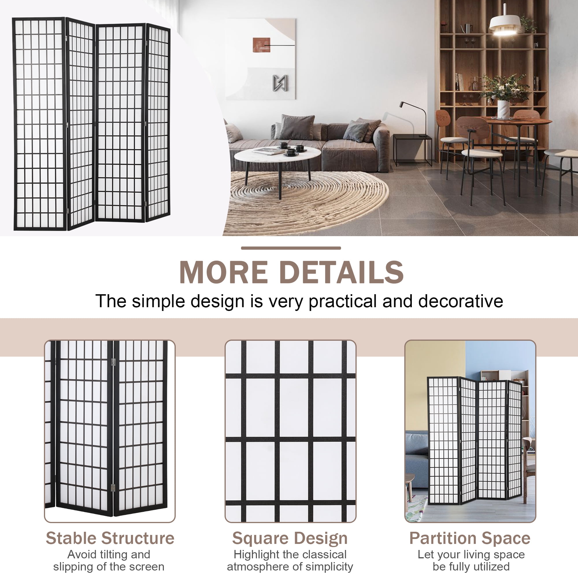 YRLLENSDAN Room Divider 4 Panel Oriental Shoji Screen 6Ft Folding Privacy Divider Wall Divider Portable Freestanding Partition Screen Japanese-Inspired Wood Divider ,White