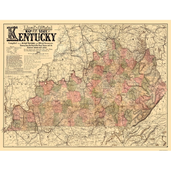 Historic State Map - Kentucky - Lloyd 1862 - 30 x 23 - Vintage Wall Art