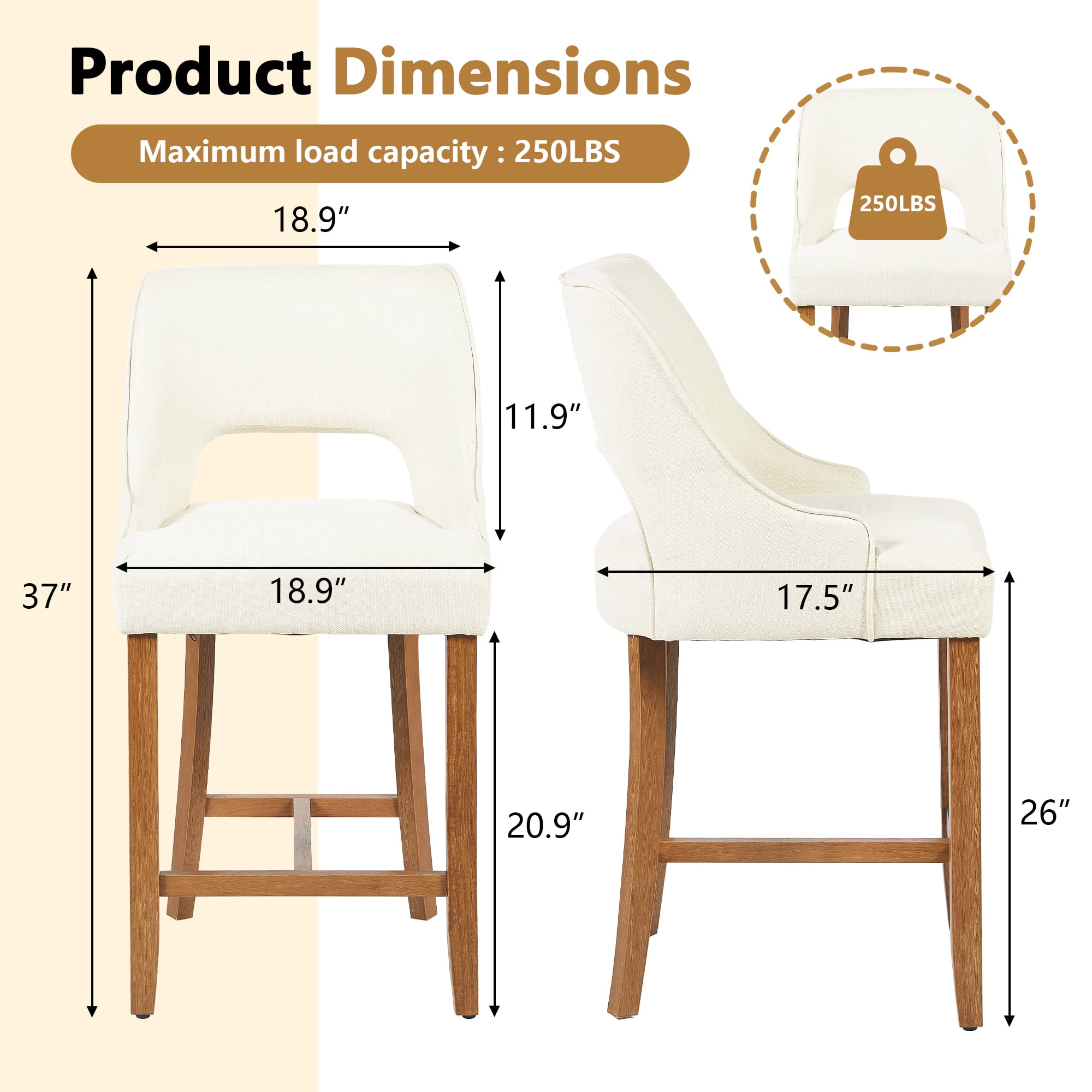 ClinQ Modern Counter Height Bar Stool Set of 1, Upholstered Seat with Back and Walnut H-Frame Footrest for Kitchen Island, Beige