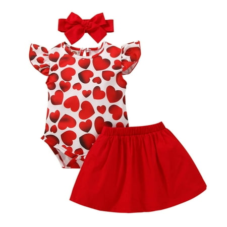 

Girls Outfit Set Valentine S Day Fly Sleeve Hearts Prints Romper Bodysuit Skirt Headbands Outfits Baby Gifts
