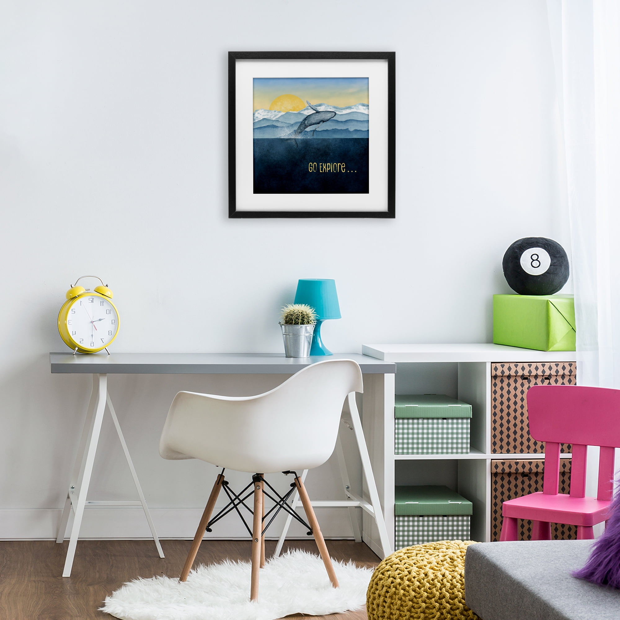 Go Explore Whale Breach Black Framed Print Under Glass, design by Brett Blumenthal