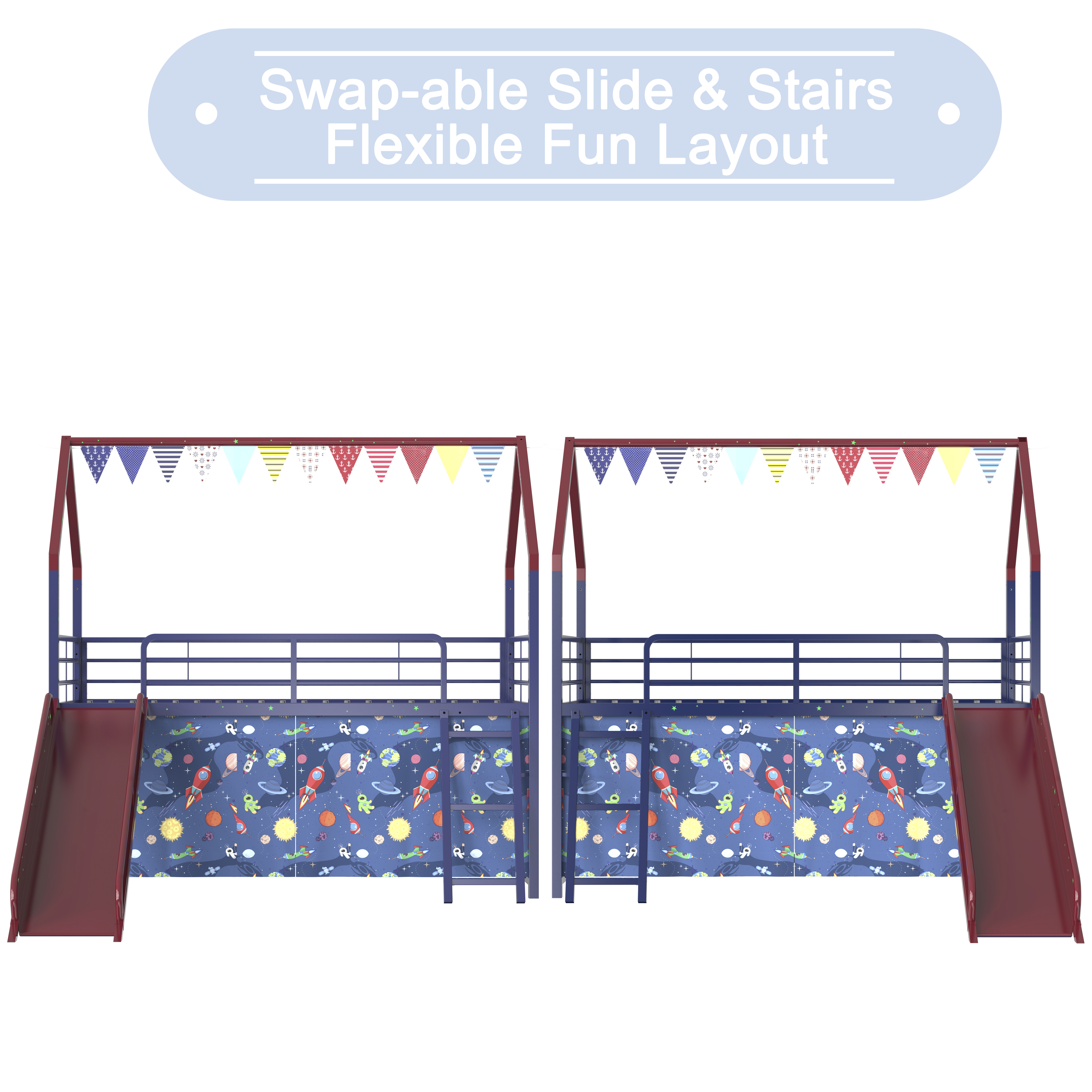 Miniyam Kids Twin Loft Bed with Slide and Curtain, House-Shaped Metal Frame Bunk with Guardrails, Ladder, Red