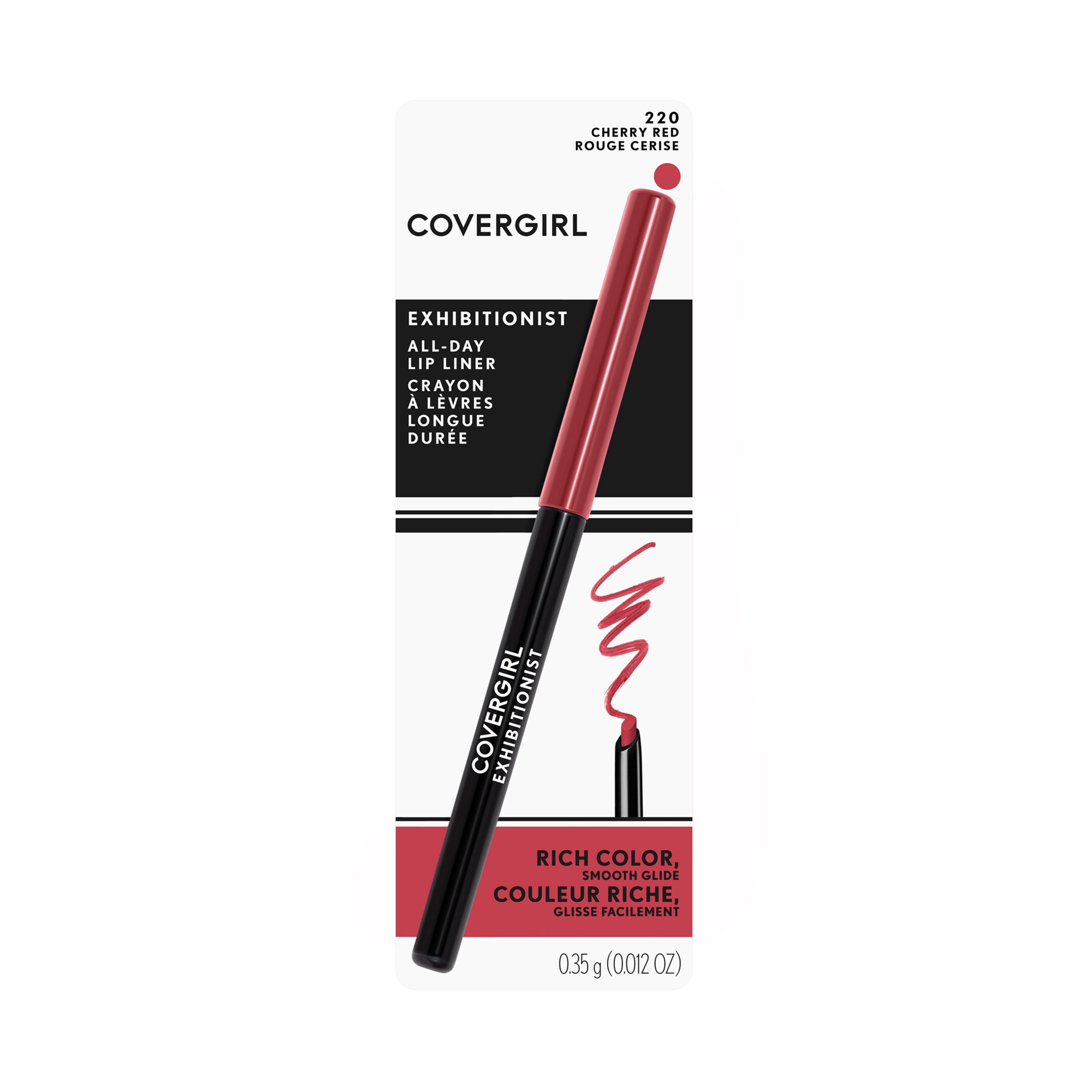 COVERGIRL Exhibitionist Lip Liner, 220 Cherry Red, Lip Crayon, Lip Makeup, Intense Pigmentation, Self-Sharpening Pencil, Easy Application, Instant Definition